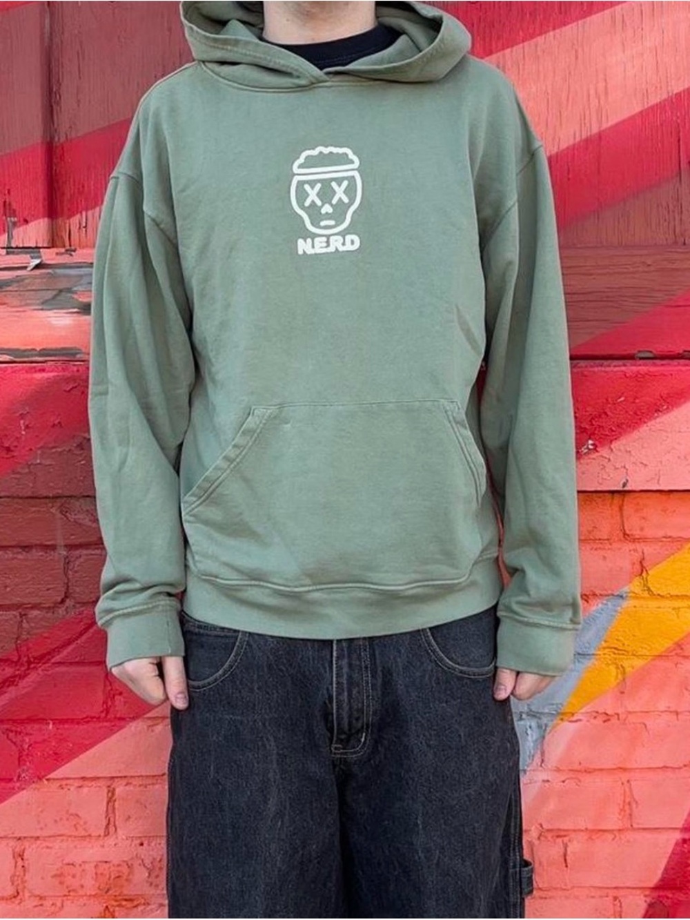 N.E.R.D. Sage Green Hoodie with White Graphic